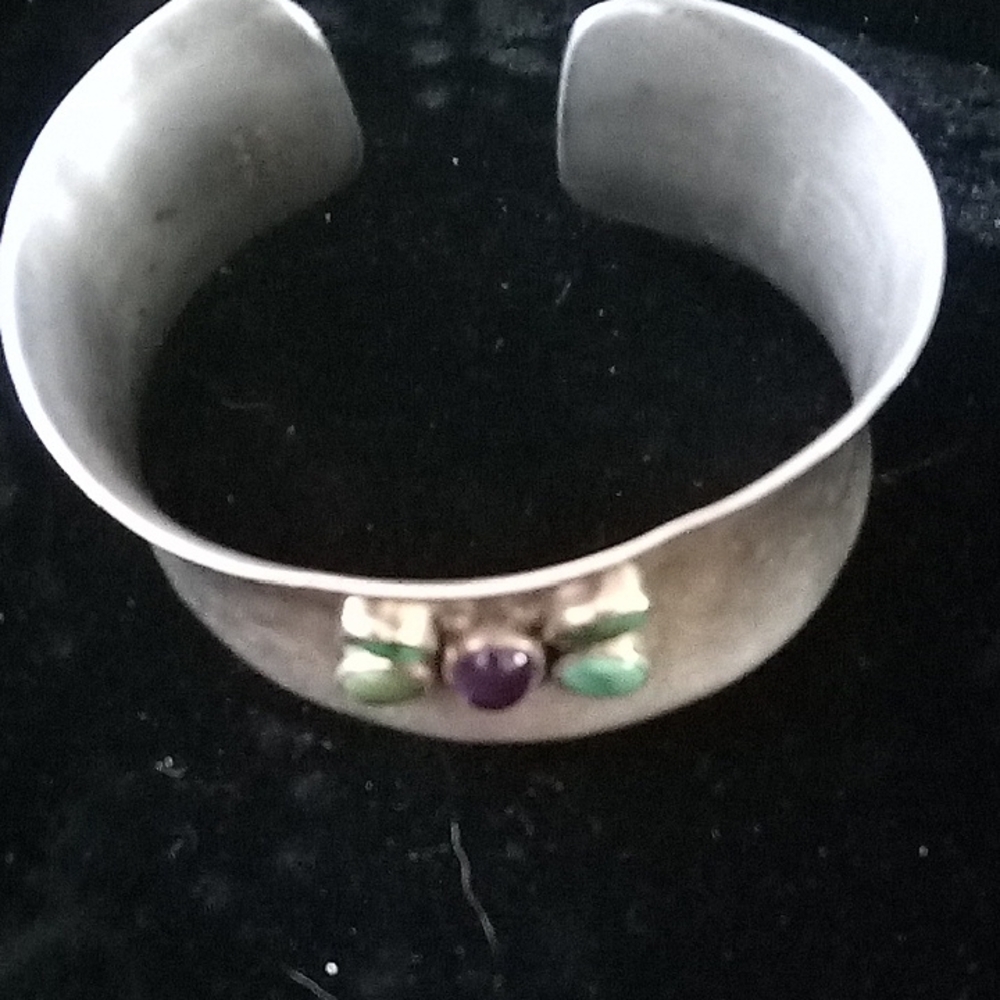Sterling Silver Cuff Bracelet with Green Turquoise and Purple Amethyst - Picture 2 of 2